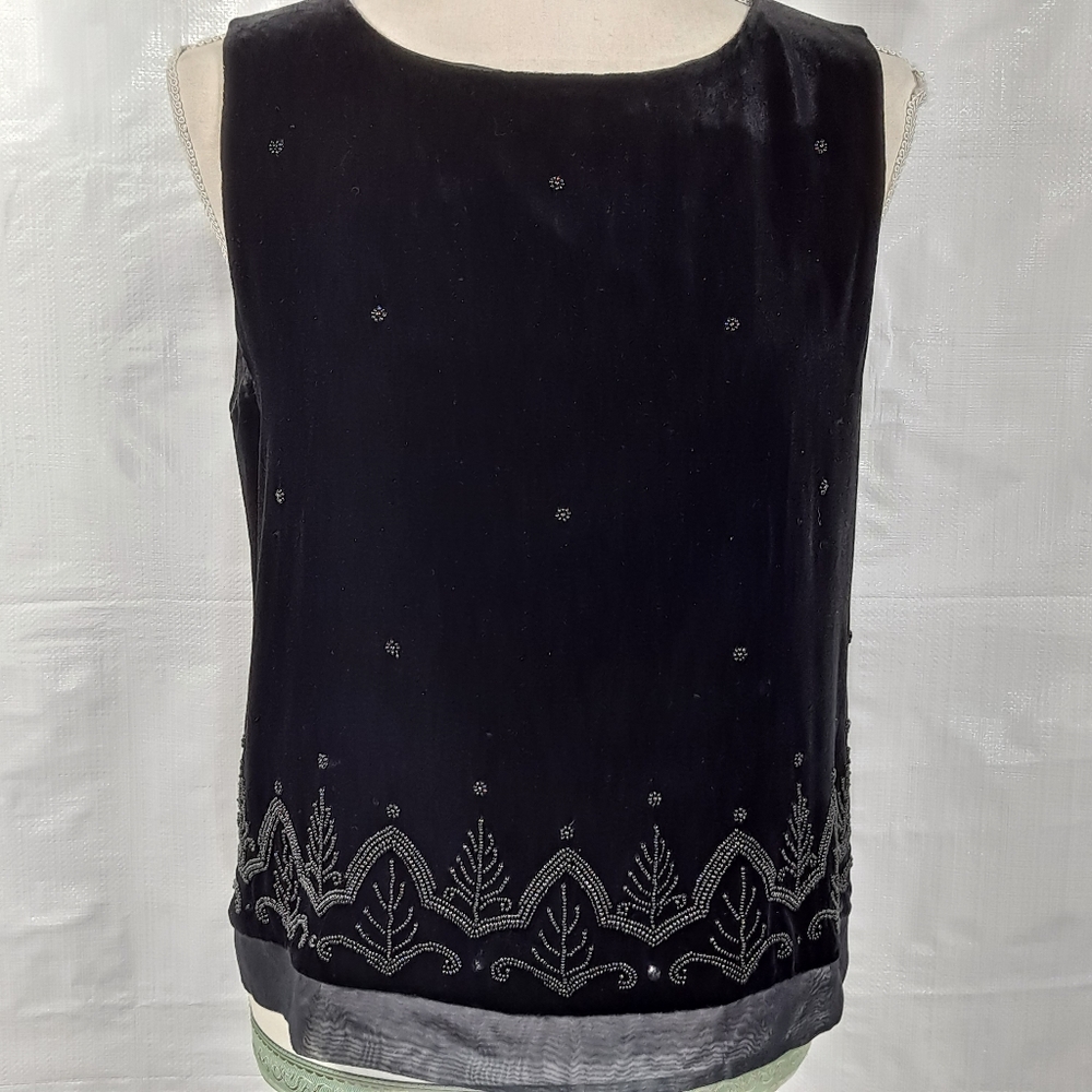 Laura Ashley Black Silk Velvet Beaded Sleeveless Top